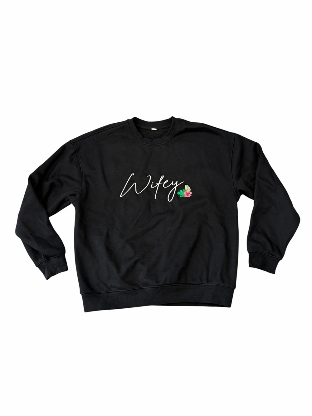 Wifey Embroidery Tropical Oversized Pullover Black Long Sleeve Women’s Bride